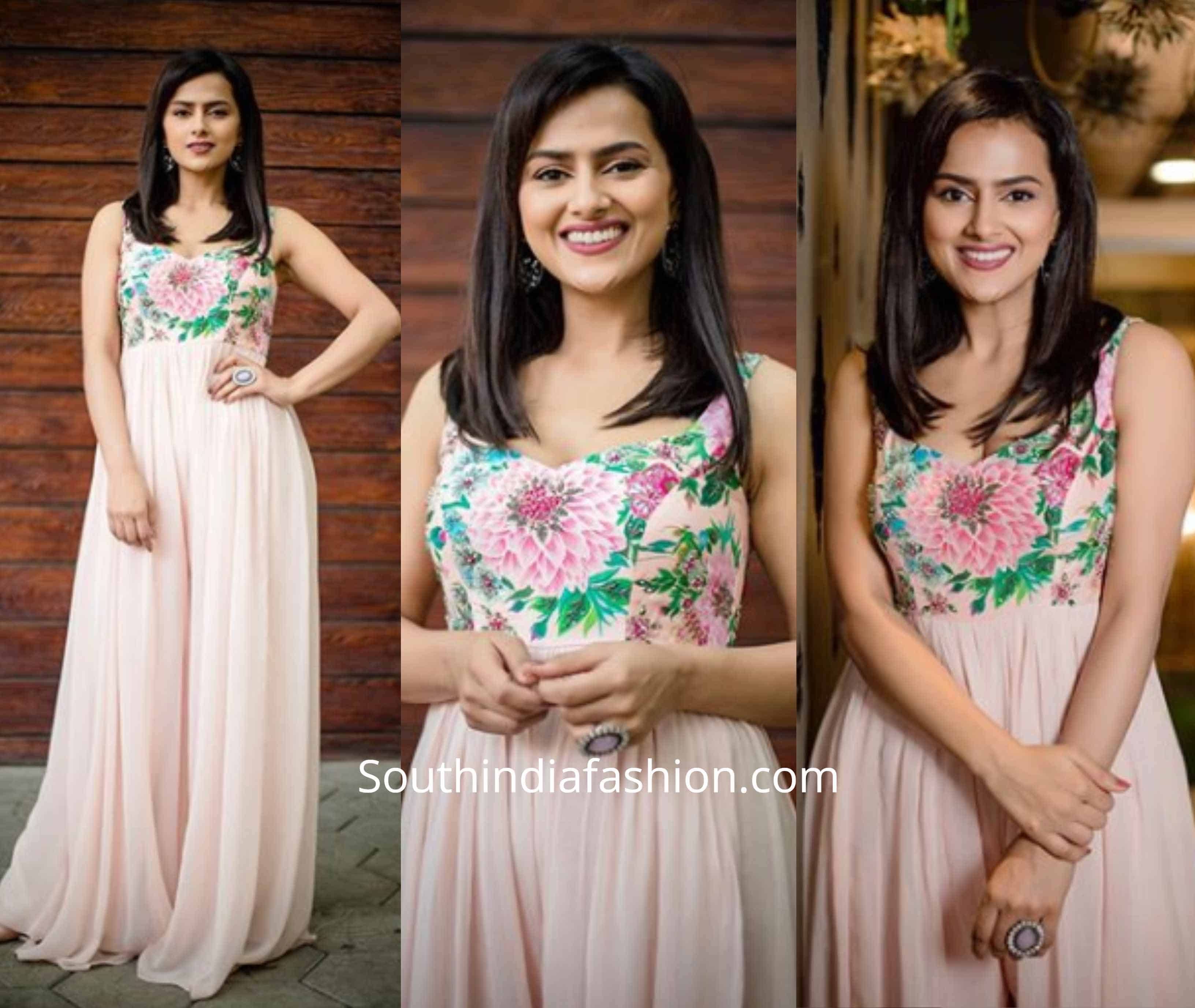 Shraddha Srinath in a pastel pink maxi dress