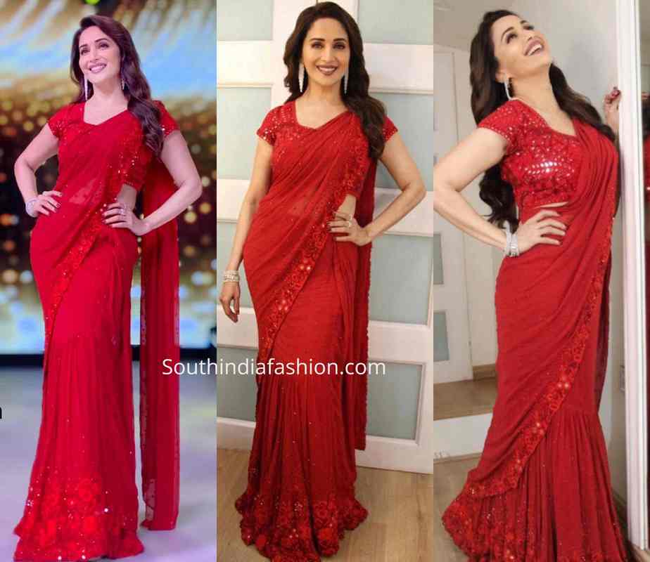 madhuri dixit red lehenga saree