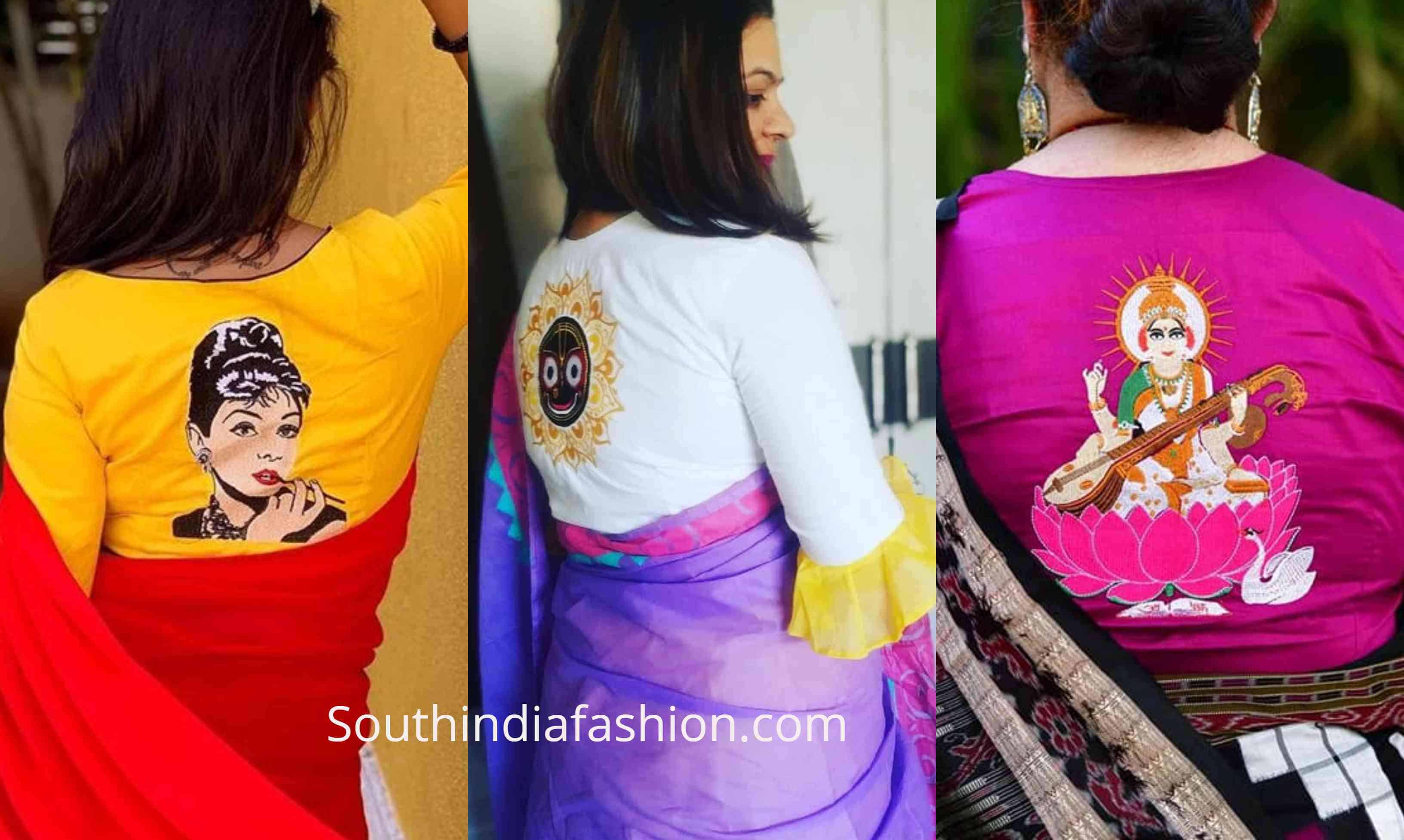 saree blouse designs with back side goddess motifs