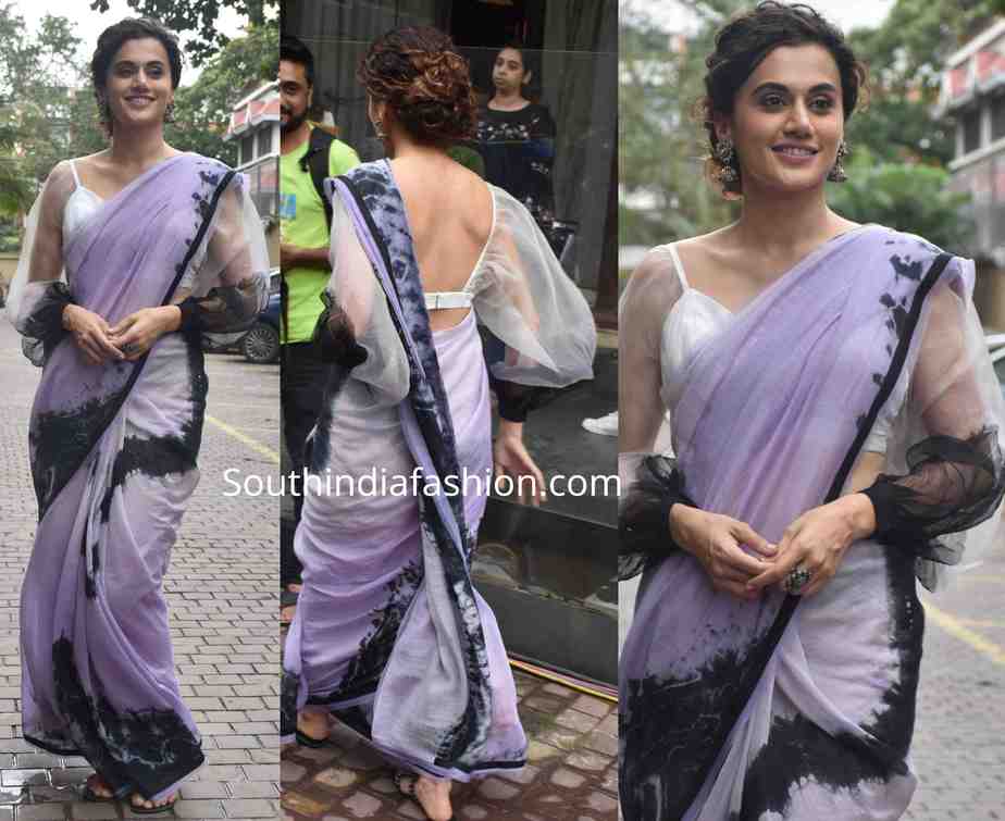 taapsee pannu lavender saree mission mangal promotions