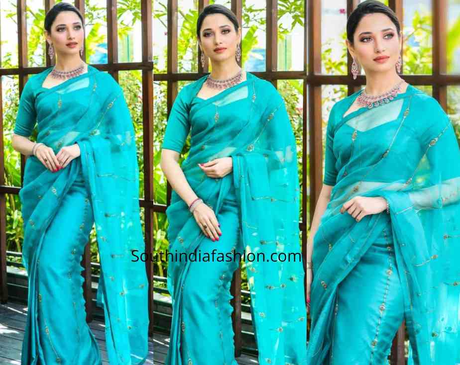 tamannaah bhatia blue saree malabar gold and diamonds launch