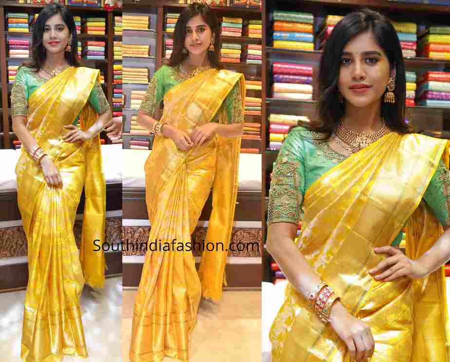 nabha natesh yellow pattu saree cmr shopping mall