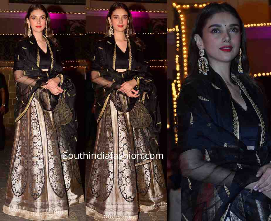 aditi rao hydari black raw mango lehenga at bachchan and sonam kapoor diwali party