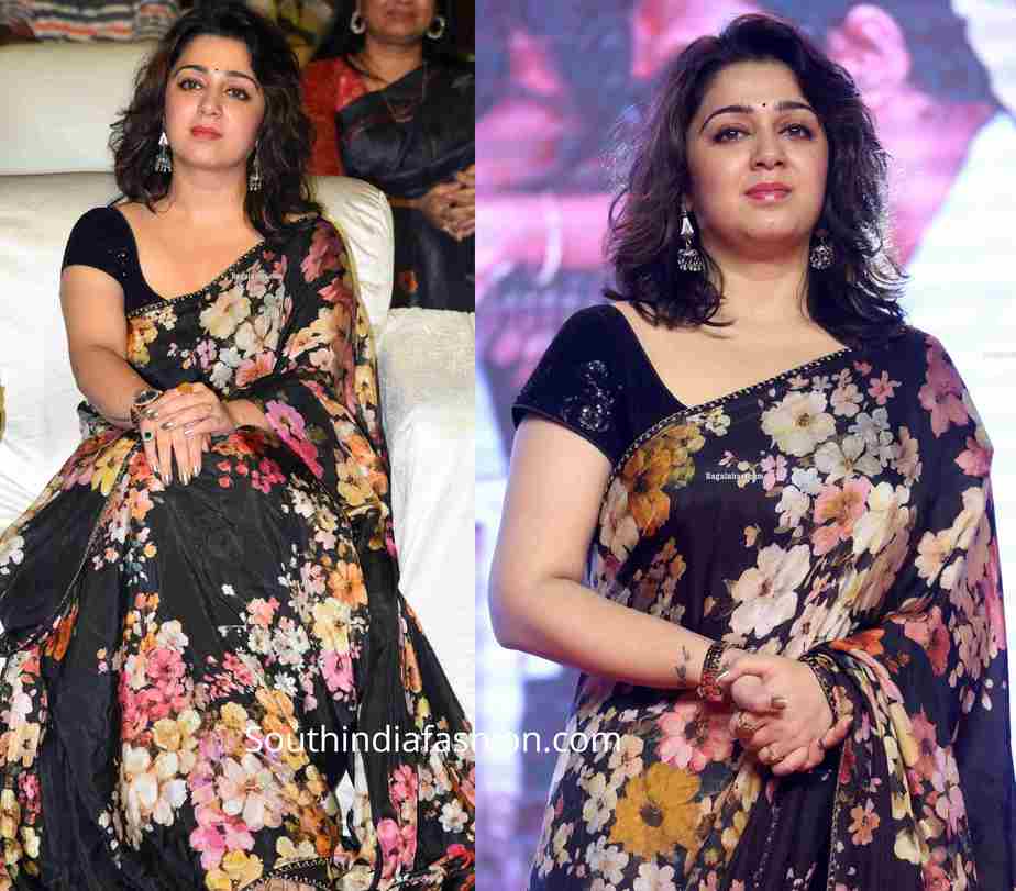 charmi in black floral sabyasachi saree at meeku maatrame chepta pre release event (1)