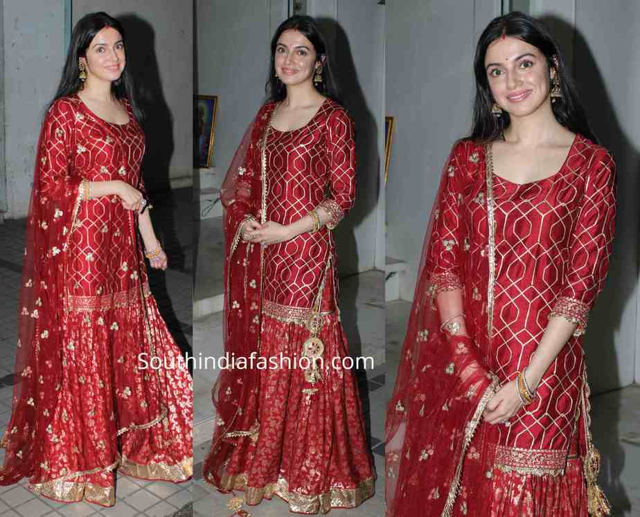 divya khosla kumar red sharara suit for karwa chauth 2019