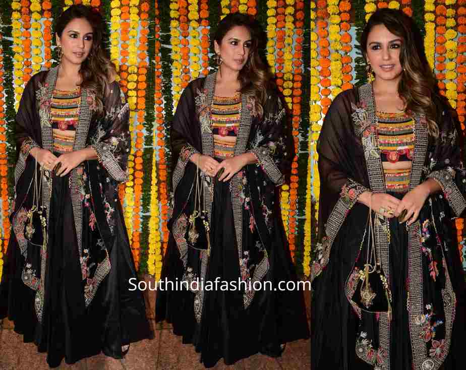 huma qureshi in anamika khanna black lehenga at ekta kapoor diwali party 2019