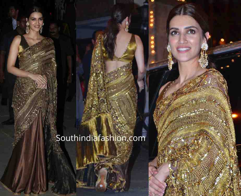 kriti sanon in golden manish malhotra saree at diwali party 2019