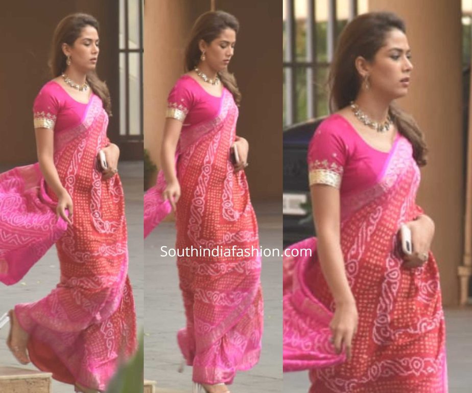 mira rajput red bandhani saree at karwa chauth celebrations 2019