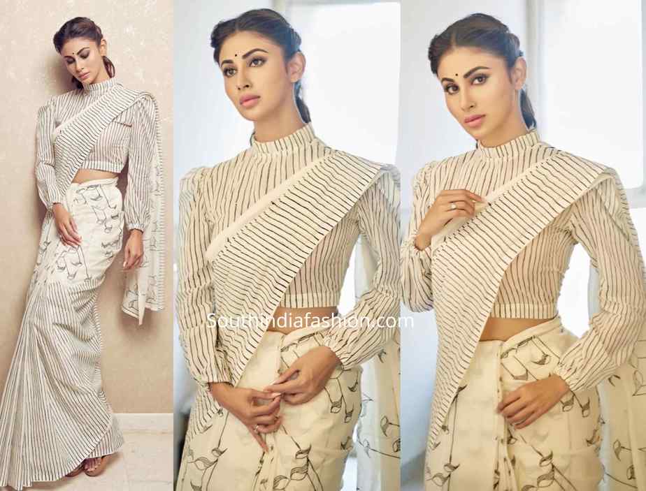 mouni roy white saree with striped blouse