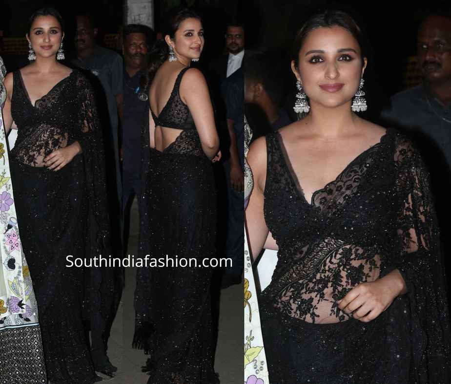 Embroidered lace border Net Saree in Black with Blouse UK - SR20846