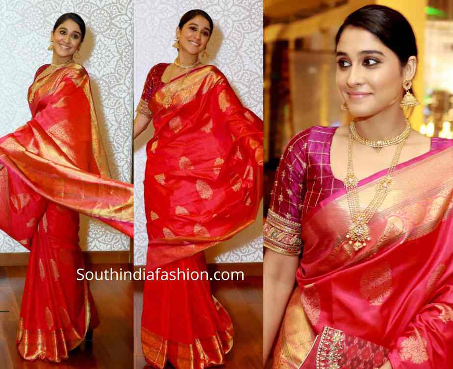 regina cassandra red silk saree