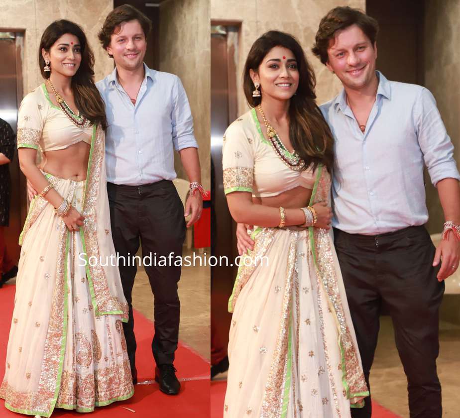 shriya saran with her husband at ramesh taurani diwali party