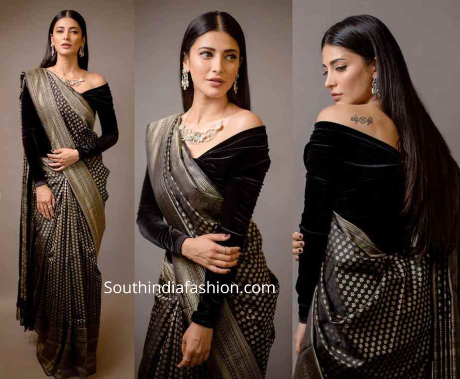 shruti haasan black silk saree at behindwoods gold mic music awards