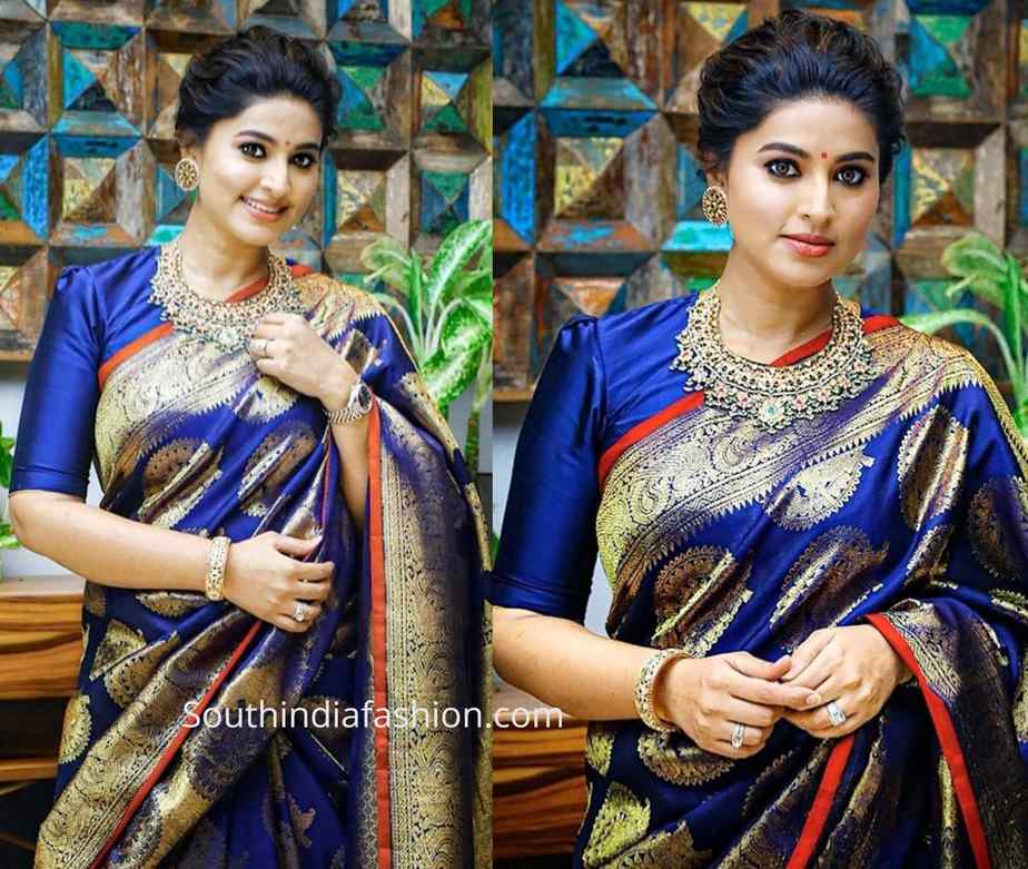 sneha prasanna blue kanjeevaram silk saree