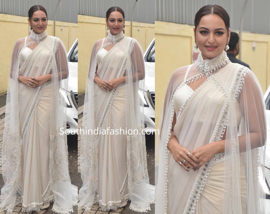 sonakshi sinha white saree with cape dabaang 3 trailer launch