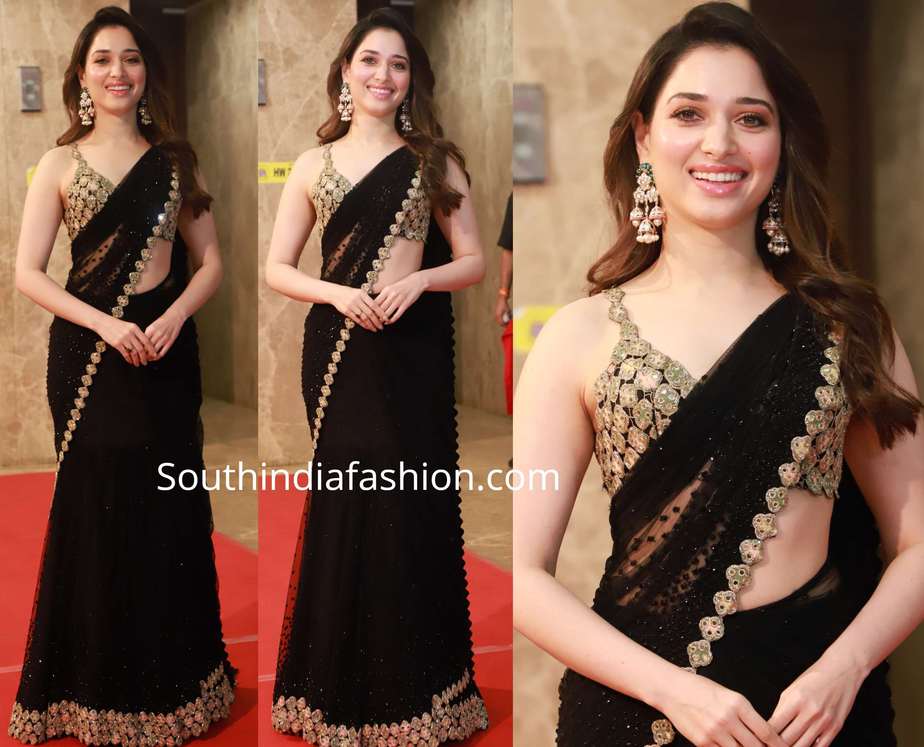 tamannaah bhatia black saree at ramesh taurani diwali party (1)