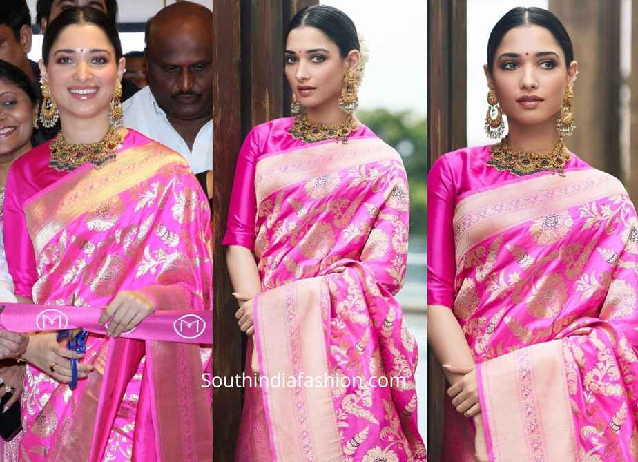 tamannaah pink banarasi silk saree at malabar gold and diamonds launch (1)