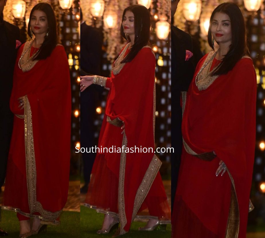 aishwarya rai bachchan red anarkali at ambani pre wedding party