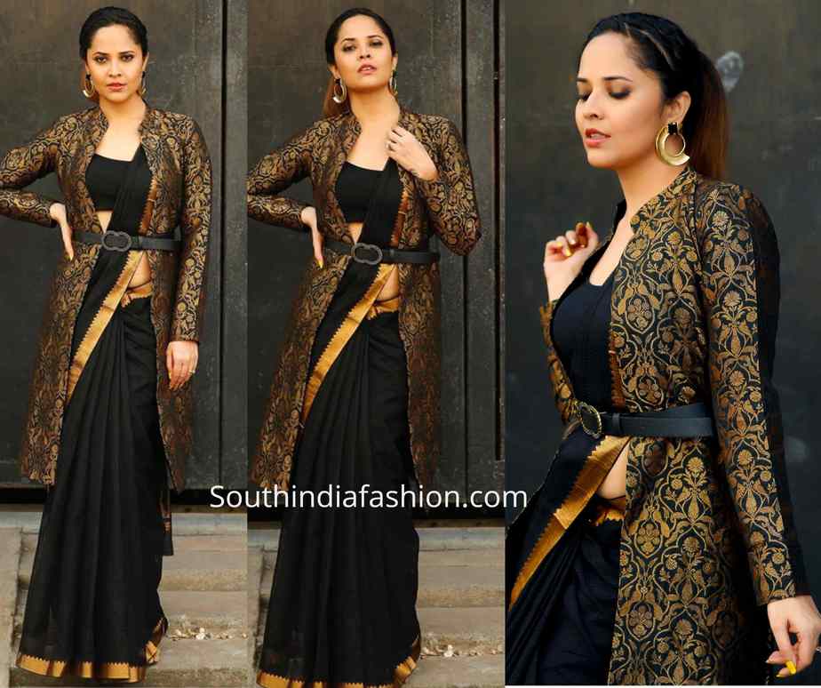 anchor anasuya black saree with broade jacket