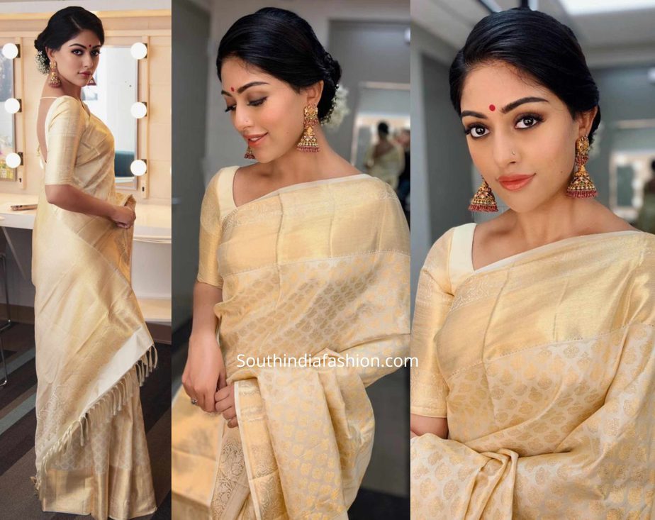 anu emmanuel cream and gold kanjeevaram saree