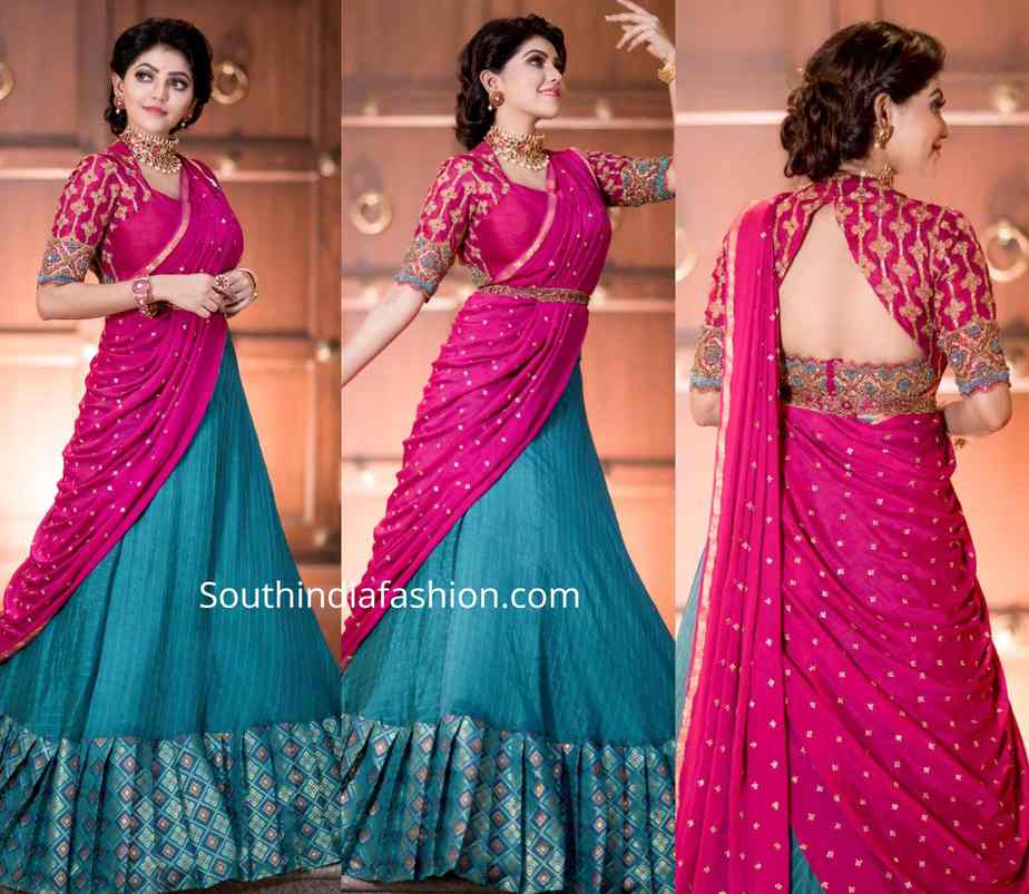 athulya ravi pink blue half saree