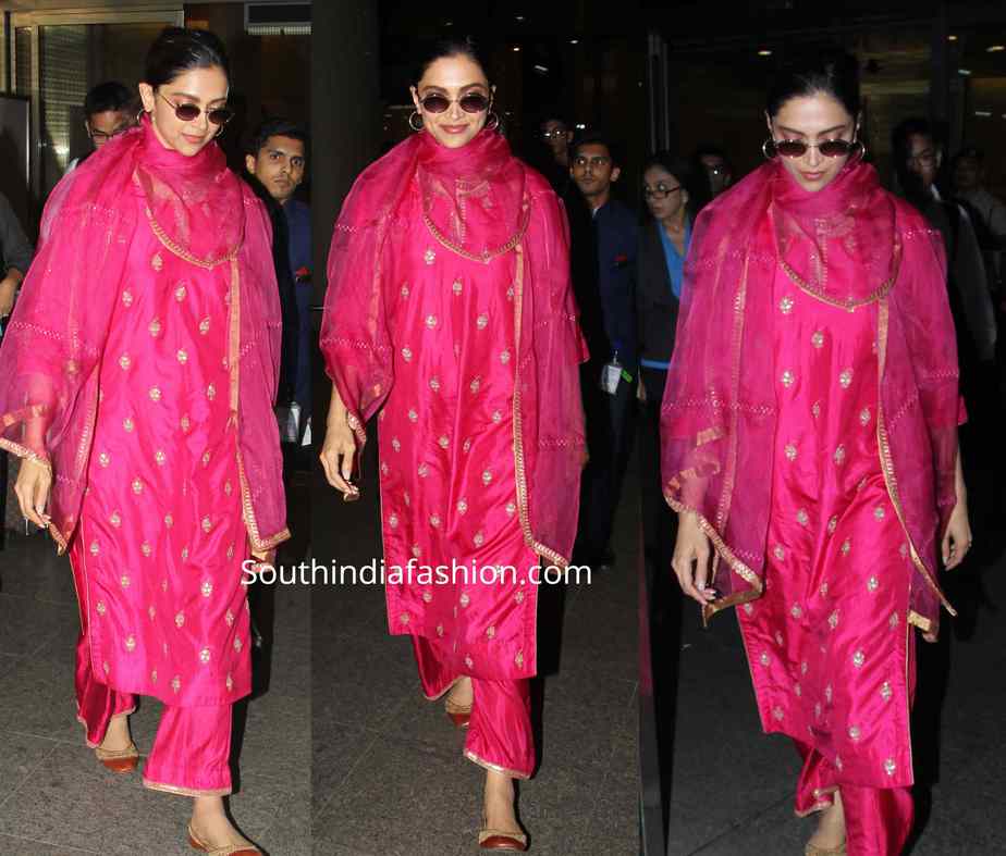 deepika padukone pink slawar kameez at airport