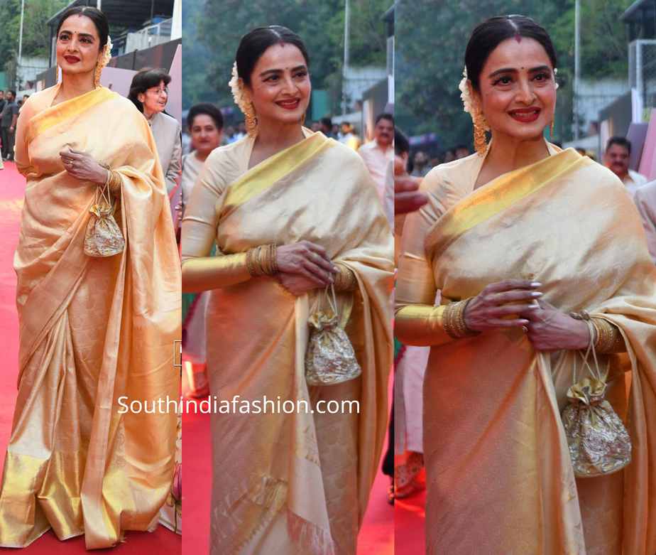 rekha in gold kanjeevaram saree at anr national awards