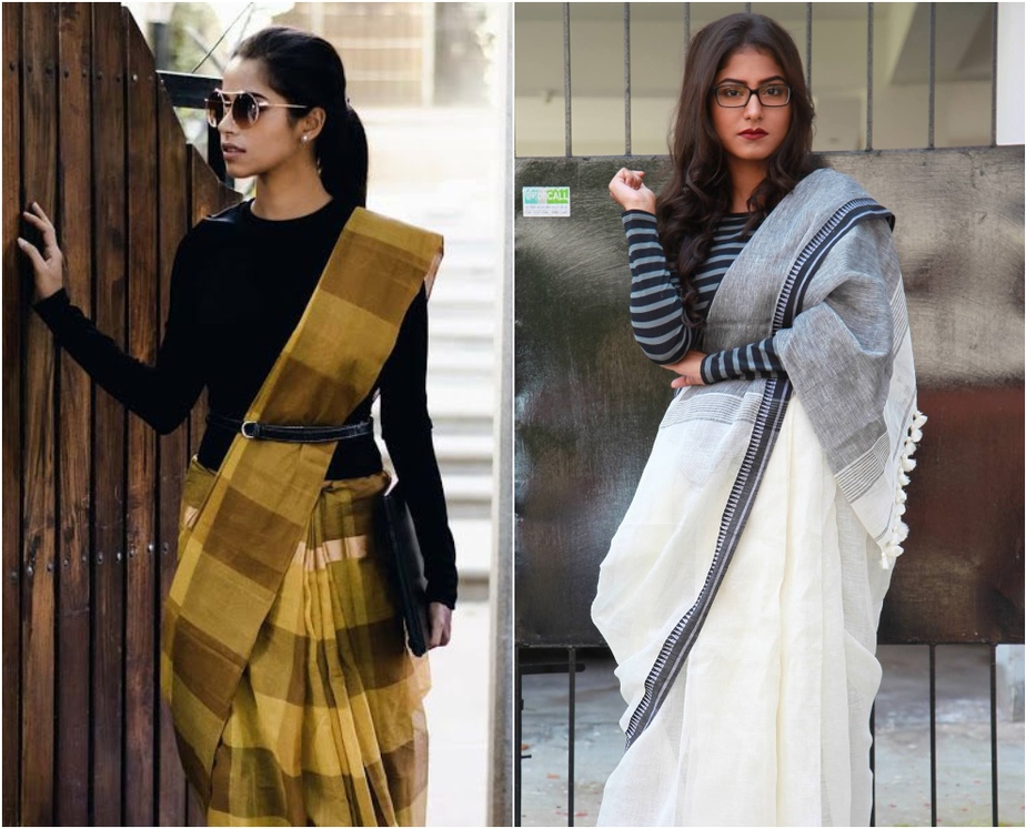 Saree with online high neck sweater