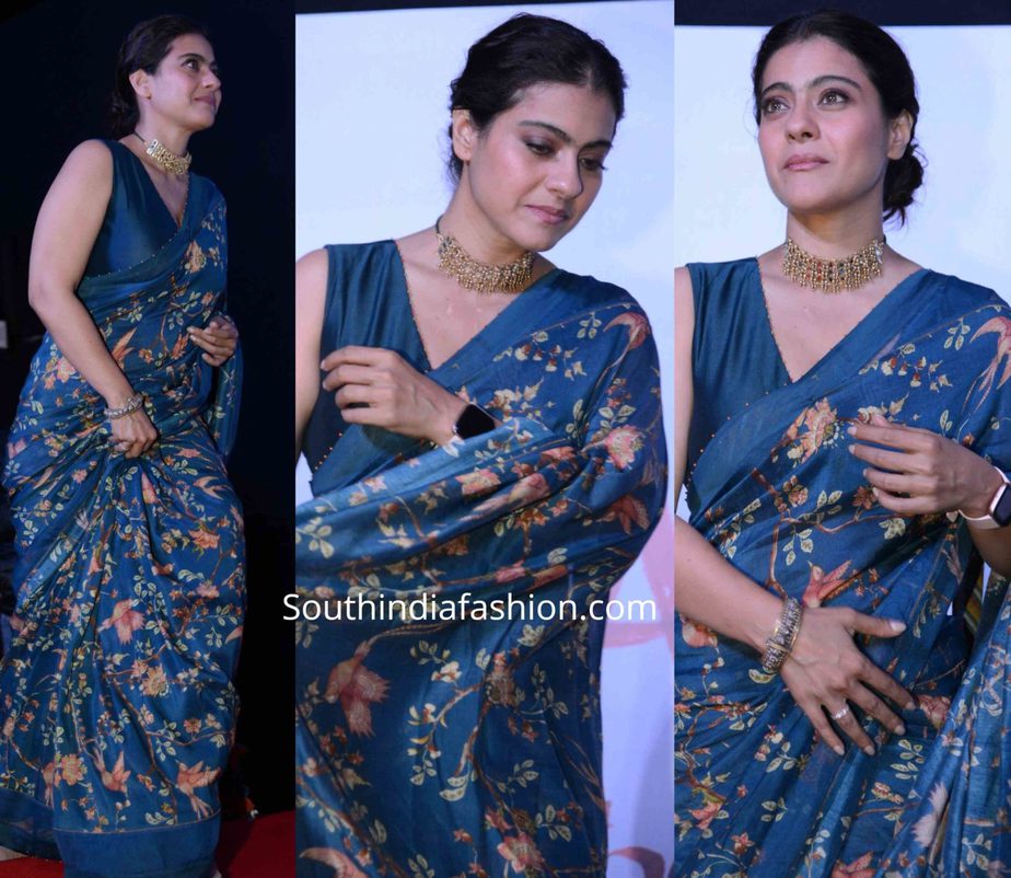 kajol in blue saree at tanhaji promotions