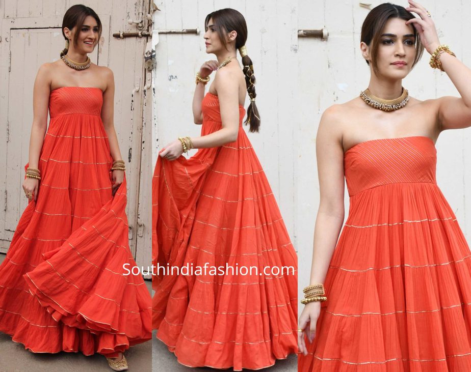 kriti sanon orange strapless anarkali panipat promotions (1)