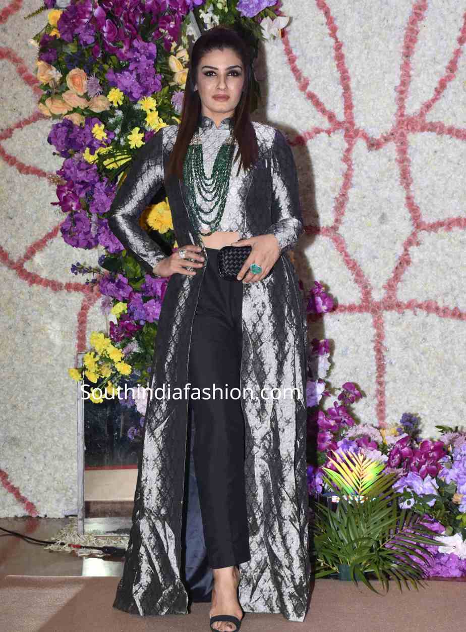 raveena tandon indo western dress at a wedding reception