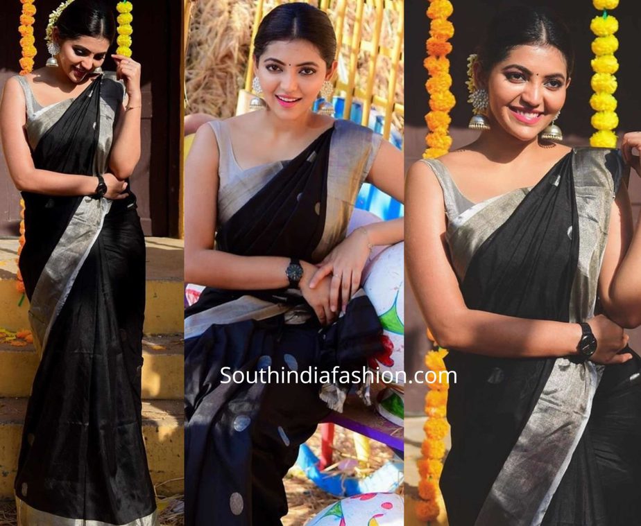 athulya ravi black silk saree for pongal