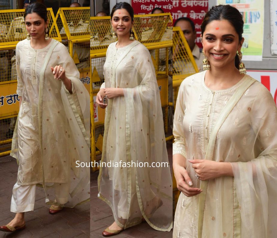 deepika padukone in cream color kurta palazzo at siddhivinayak temple