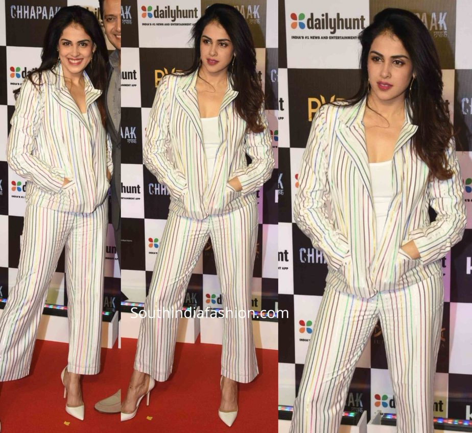 genelia in striped pant suit at chhapaak premiere