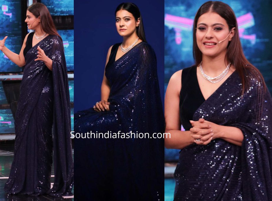 kajol in blue sequin saree by manish malhotra