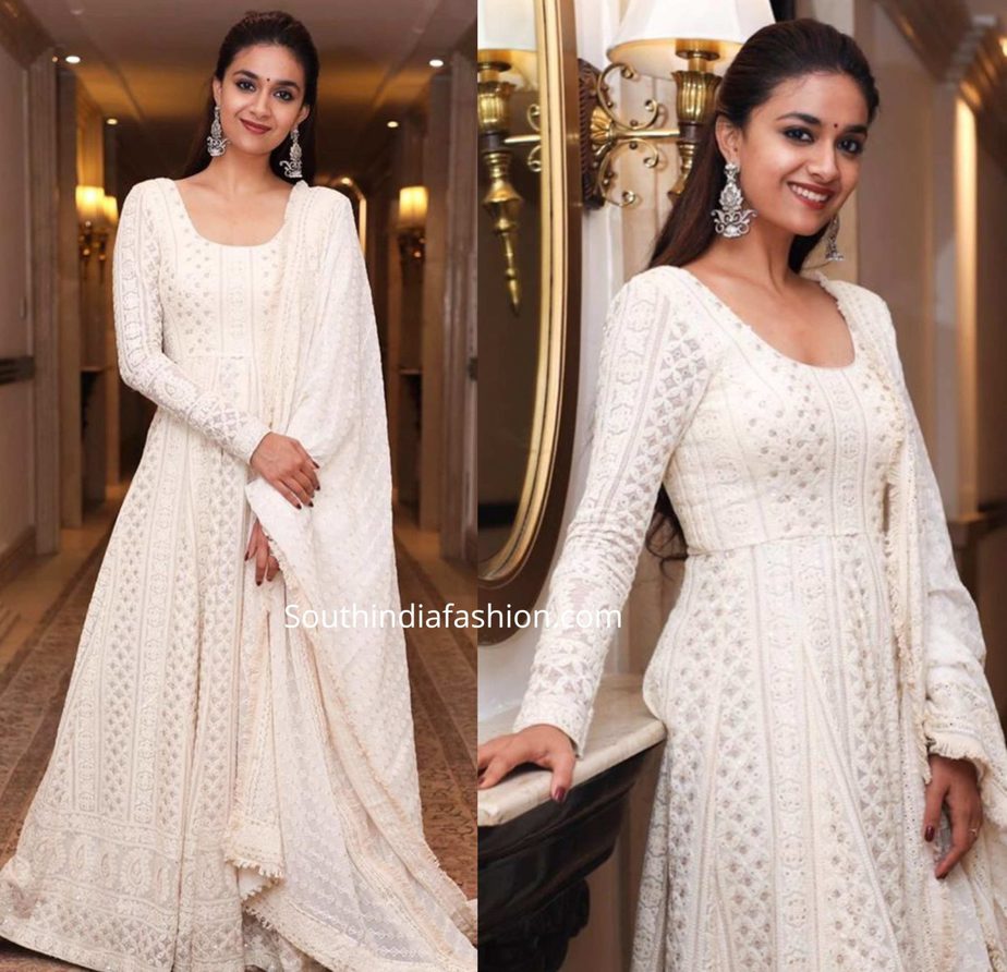 keerthy suresh in white chikankari anarkali