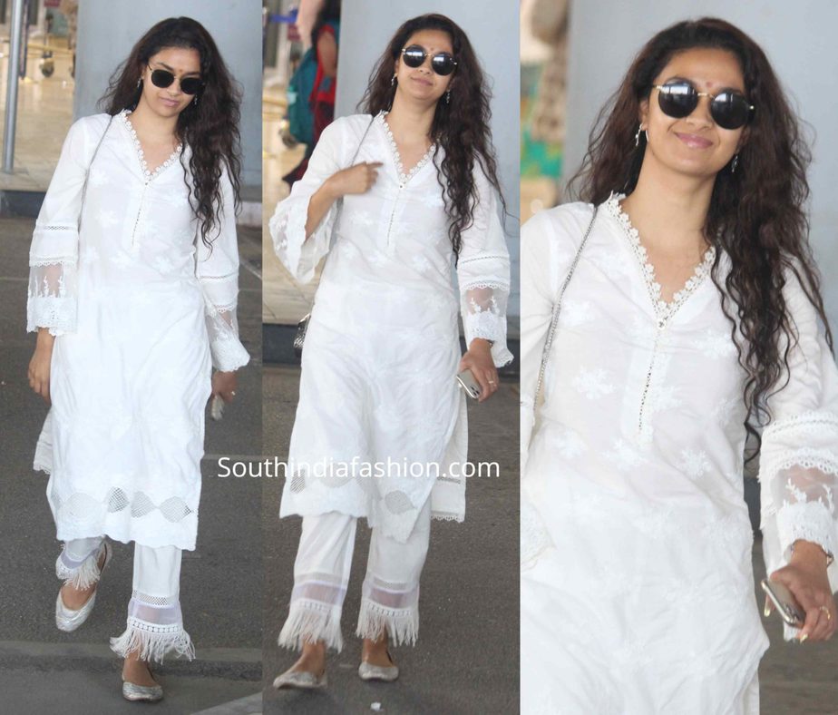 keerthy suresh white kurta set at airport no makeup (1)