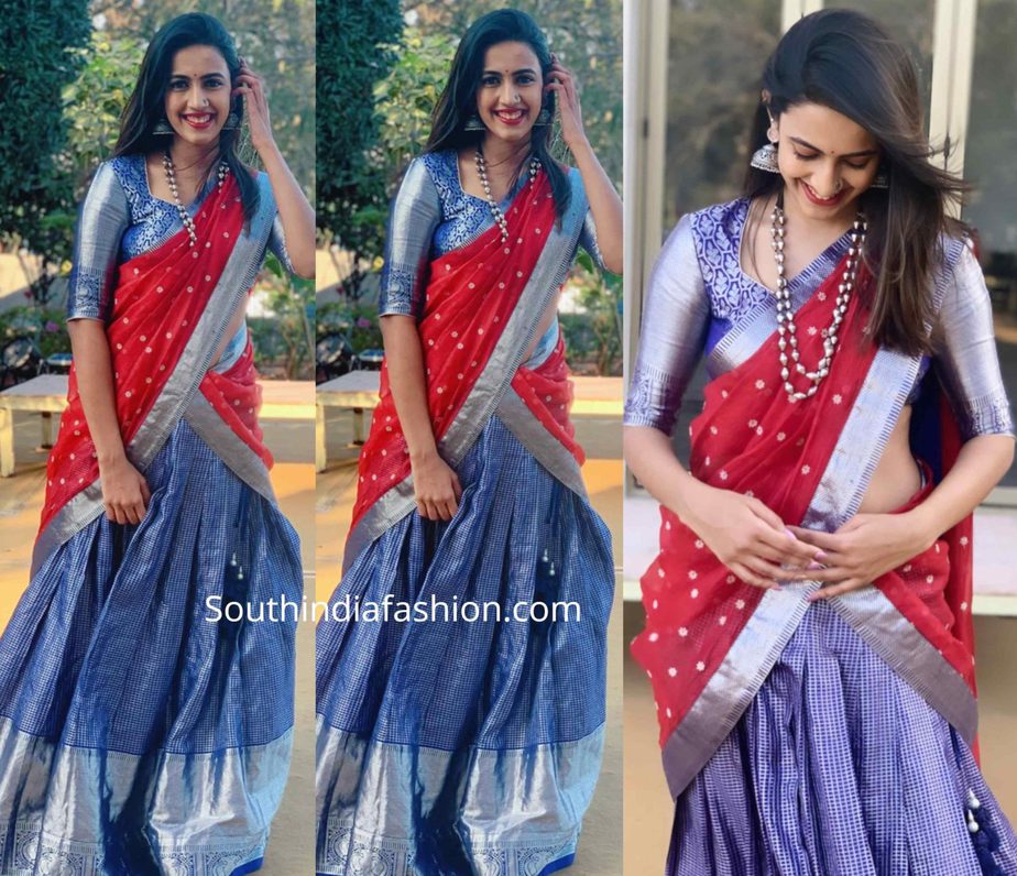 niharika konidela in red and blue half saree