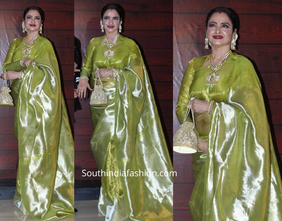 rekha in green tissue kanjeevaram saree at javed akhtar birthday party