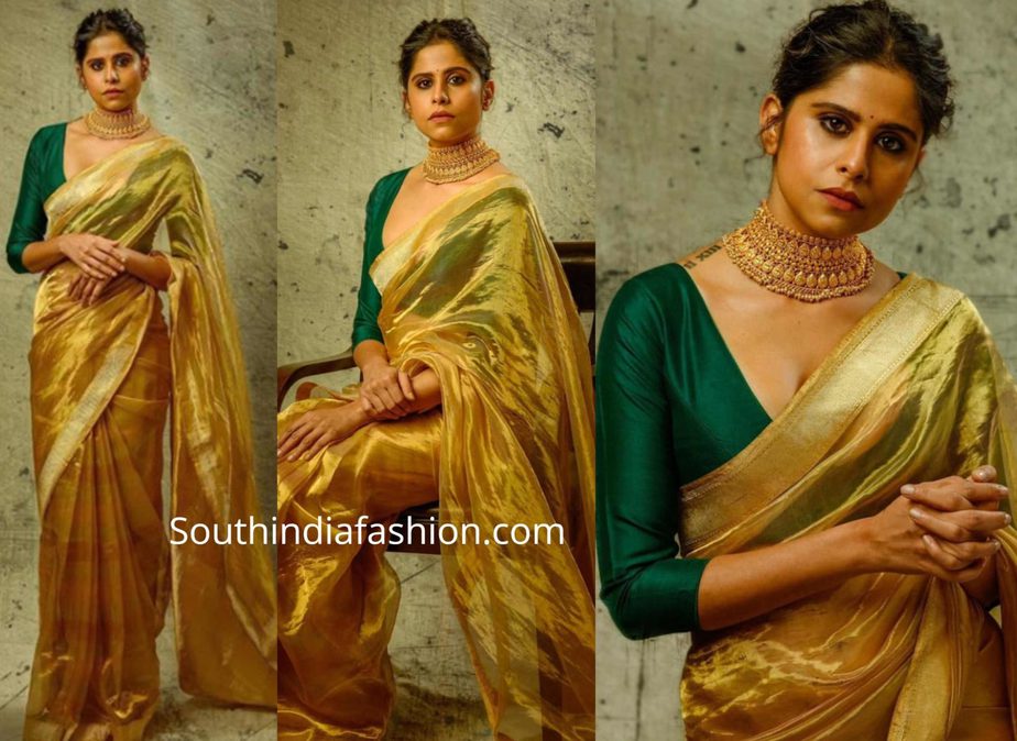 sai tamhankar in gold tissue saree with green blouse