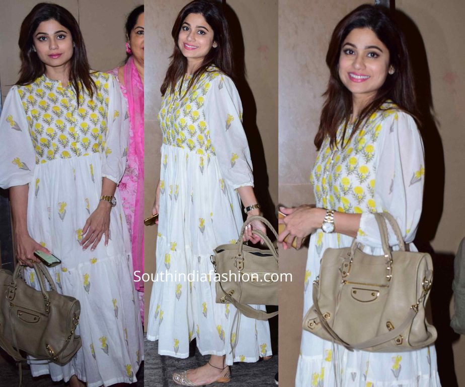 shamita shetty in white printed maxi dress