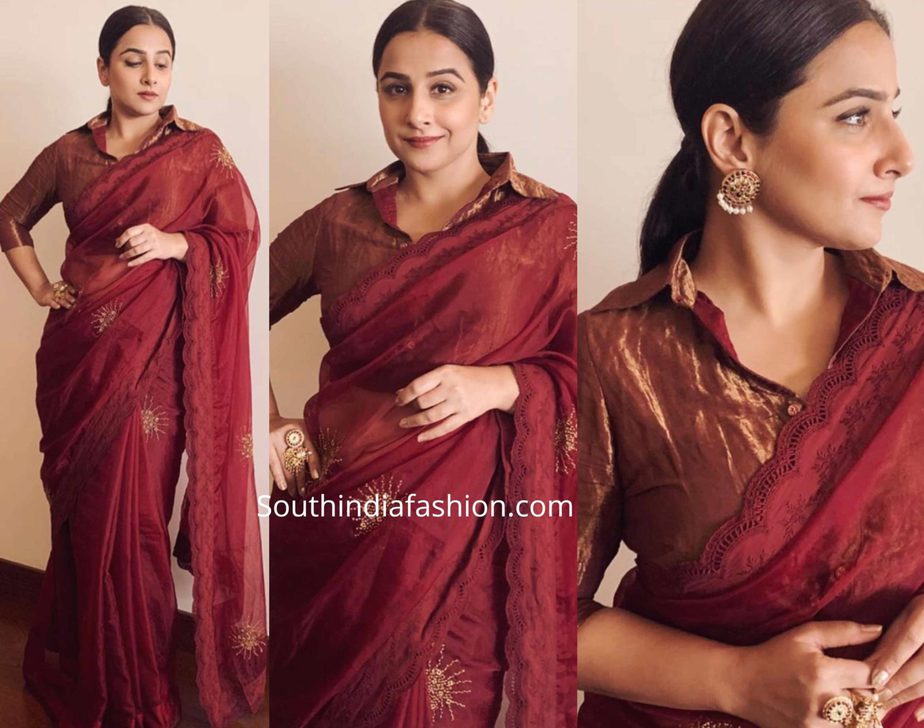 vidya balan in maroon saree with collar neck blouse