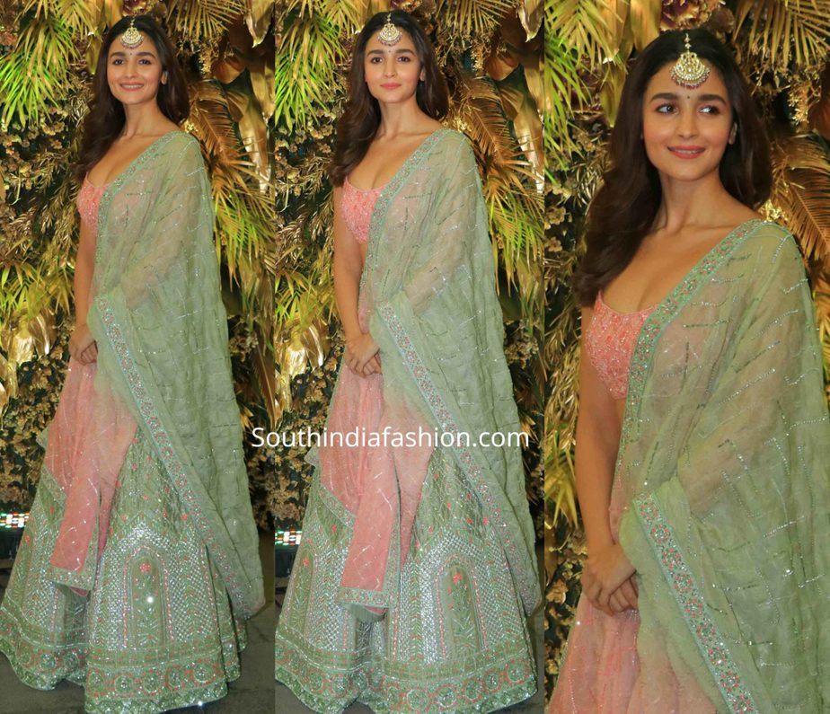 alia bhatt in pink and green lehenga at armaan jain wedding reception