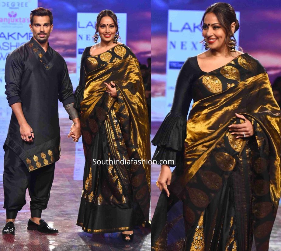 bipasha basu and karan singh in sanjukta dutta black outfits at lakme fashion week 2020