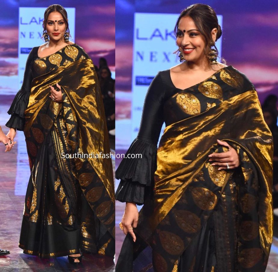 bipasha basu in sanjukta dutta black and gold mekhela chador outfits at lakme fashion week 2020