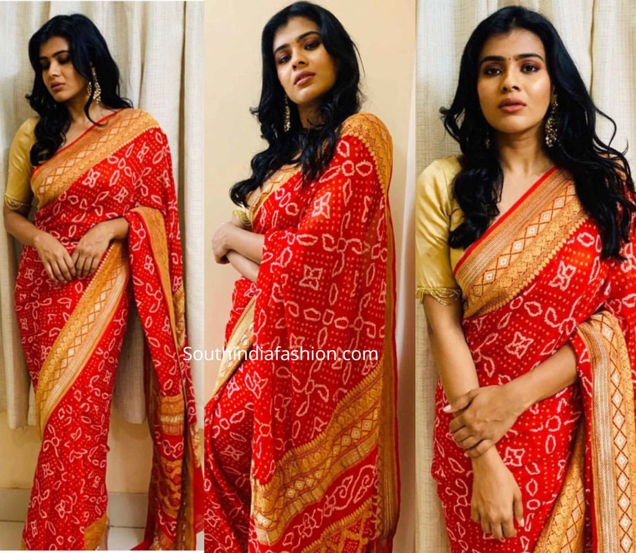 hebbah patel in red banarasi silk saree