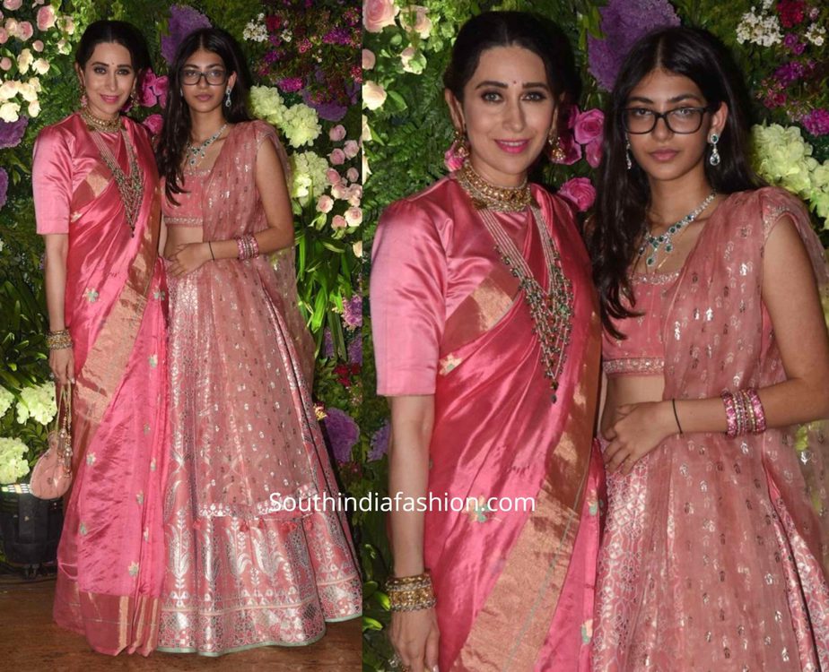 Karisma Kapoor and daughter Samiera twinning in pink at Armaan Jain's