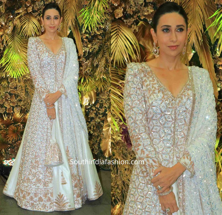 karisma kapoor in manish malhotra white anarkali at armaan jain wedding reception