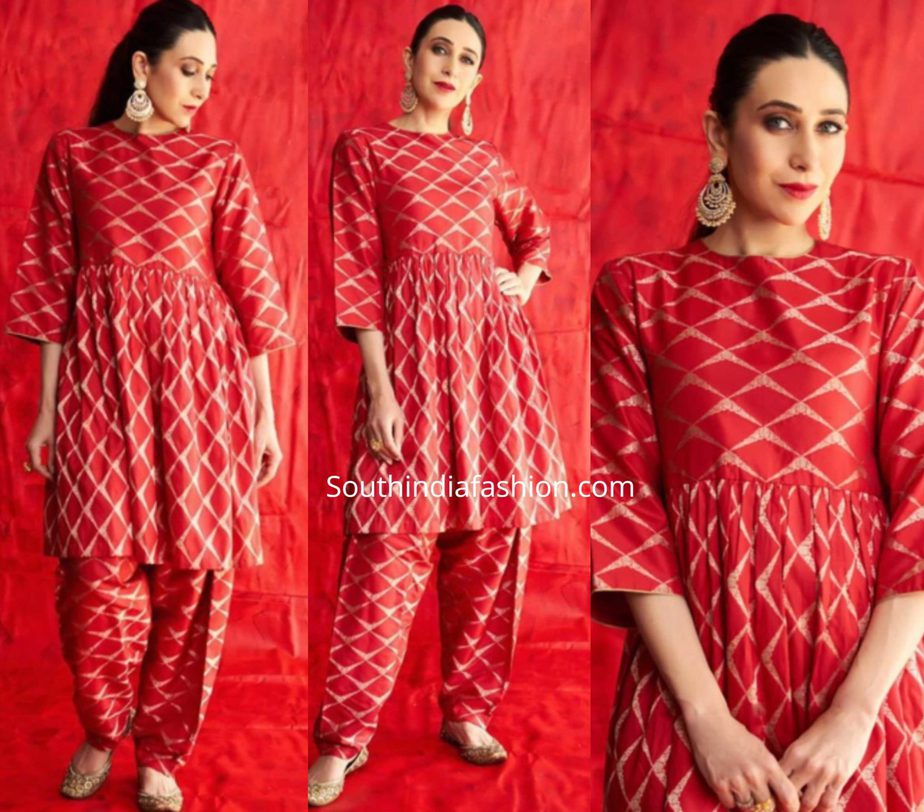 karisma kapoor in red kurta set at her cousin armaan jain sangeet ceremony