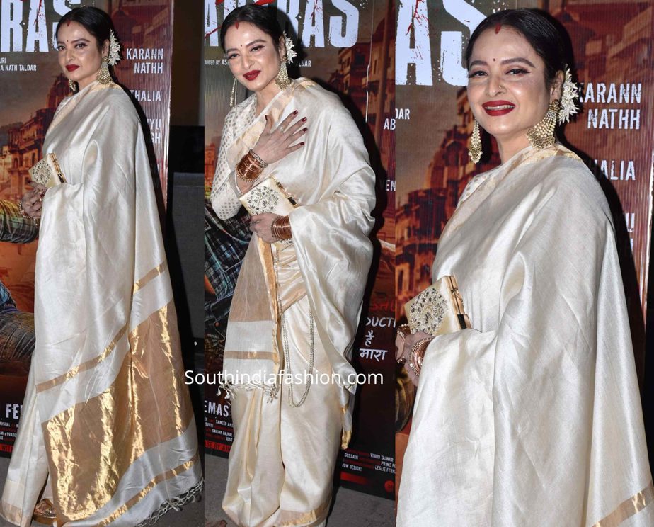 rekha in cream color silk saree at guns of banaras screening